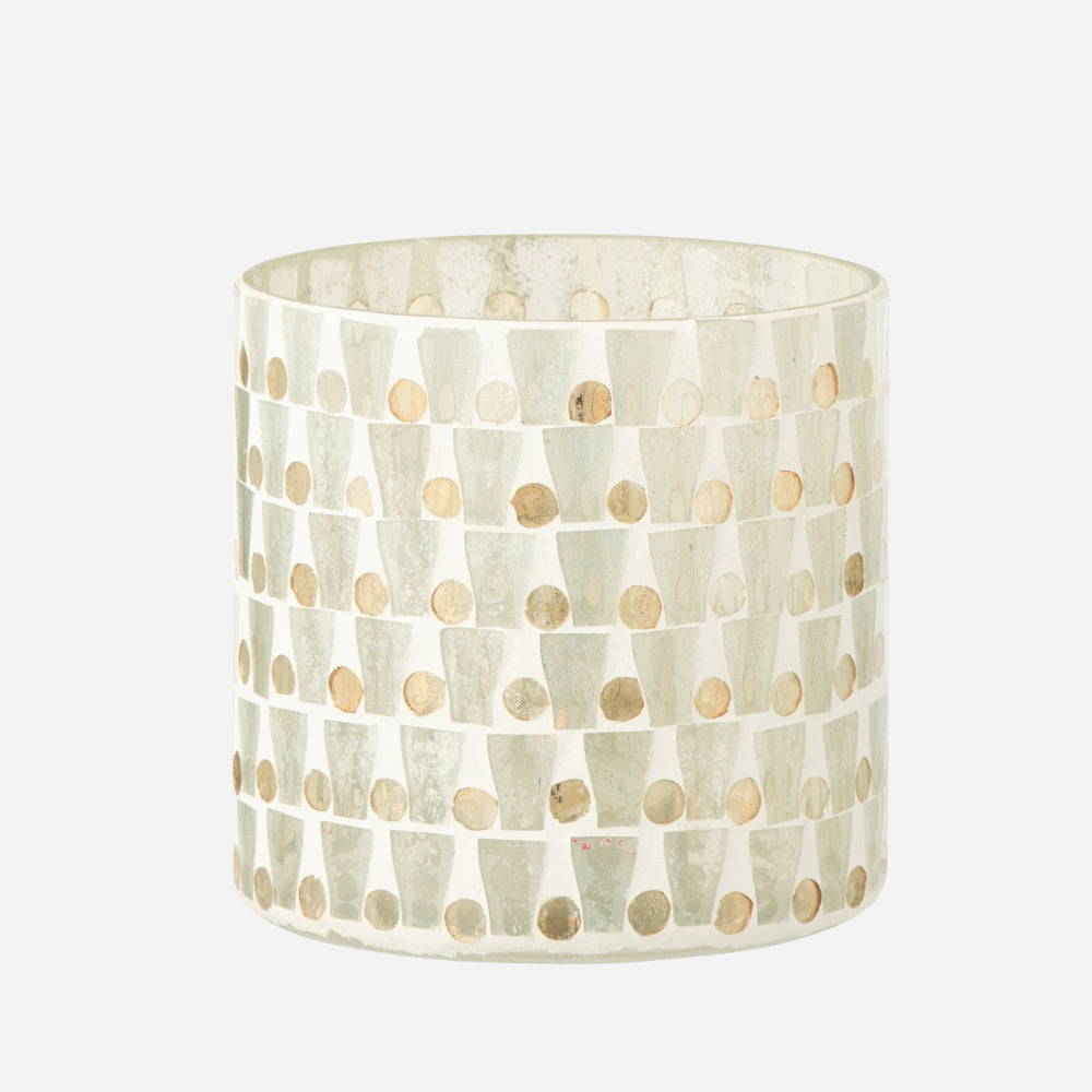 Cylinder Mosaic Glass Candle Holder – Off-White & Gold