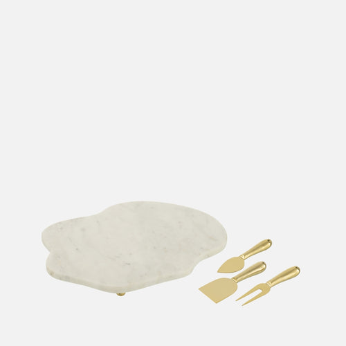 Marble Cheese Board with Knife – White & Gold
