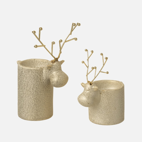 Set of 2 Reindeer Tealight Holders – White/Gold Porcelain