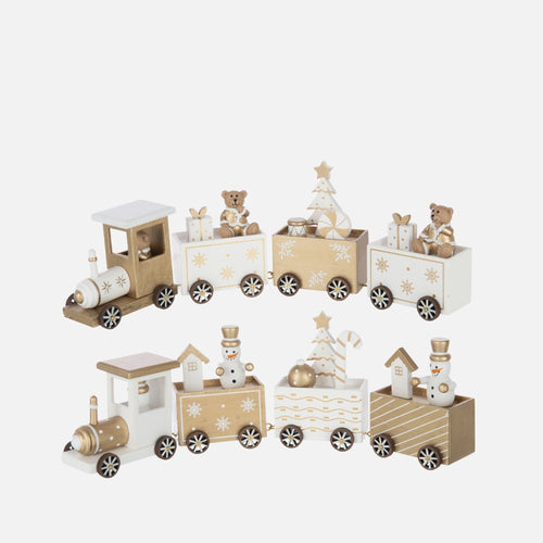 Wooden Train Bear and Snowman Decor - (Set of 2) White & Gold