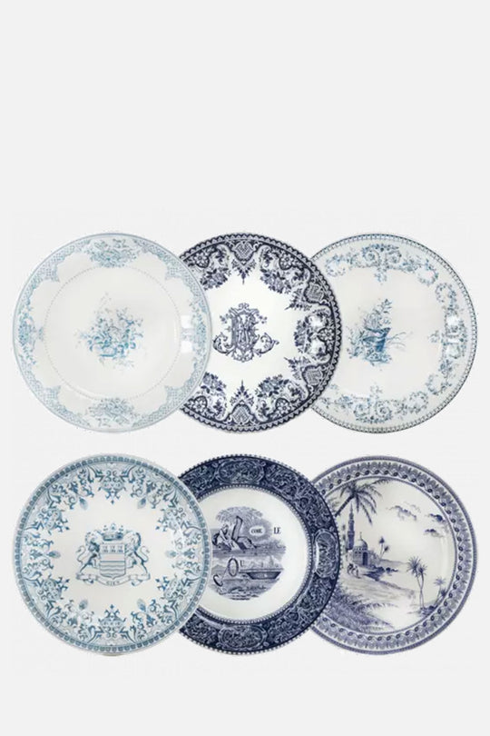 Set of 6 Assorted Dinner Plates - Blue Mismatched