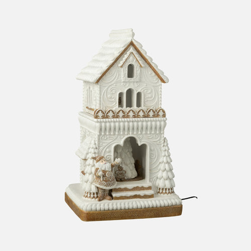 Gingerbread LED House with Santa Claus Figurine - Beige/White