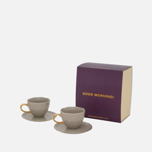Good Morning Cappuccino & Tea Cup with Plate Set of 4 – Gray Morn