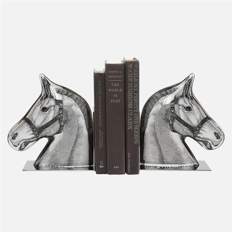 Horse Bookends - Polished Nickel & Acrylic Stallion