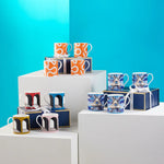 Druggist Mug Set – Blue Porcelain with Gold Accents (Set of 4)