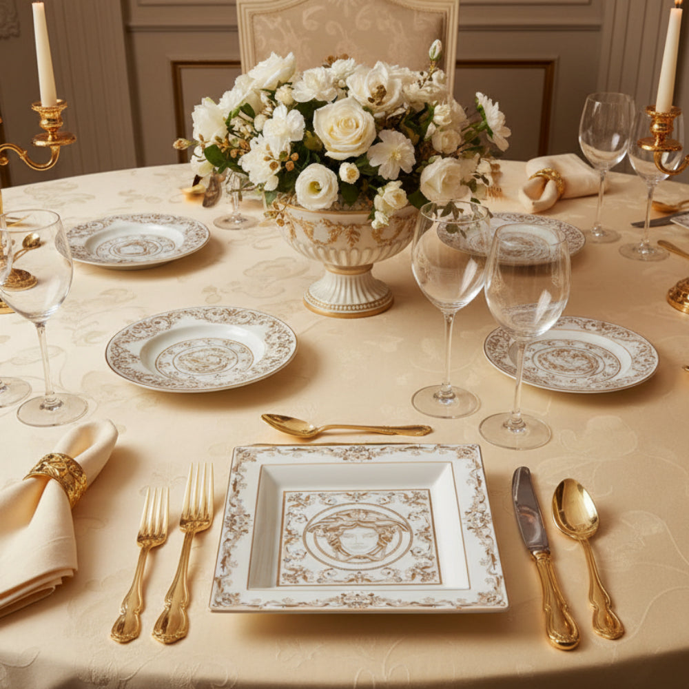 Medusa Gala Dish – White & Gold Porcelain Square Plate, 22 cm