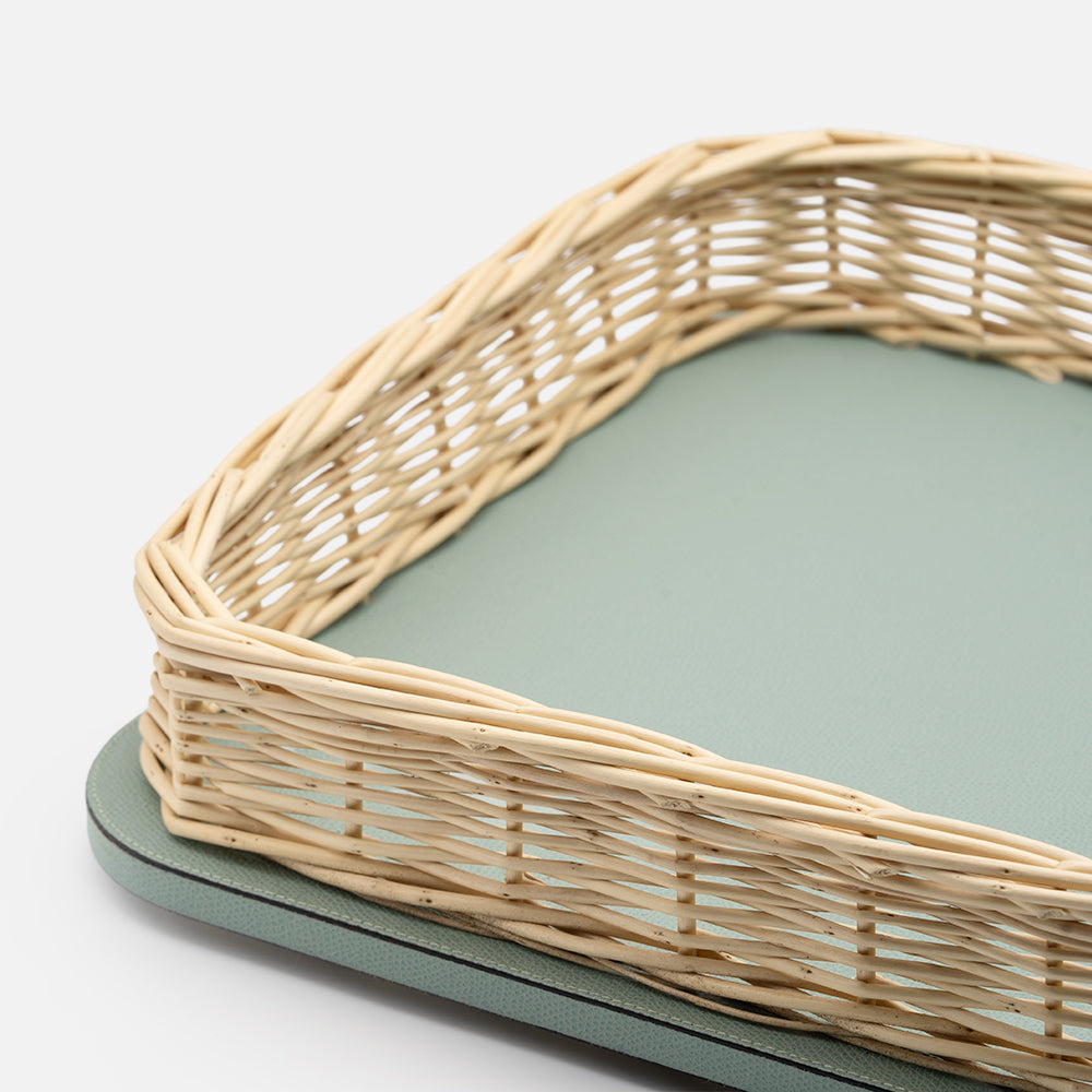 Orsay Mint Leather & Rattan Rectangular Large Tray