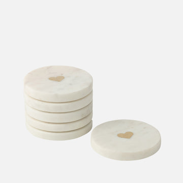 Set of 6 Heart Marble Coasters – White