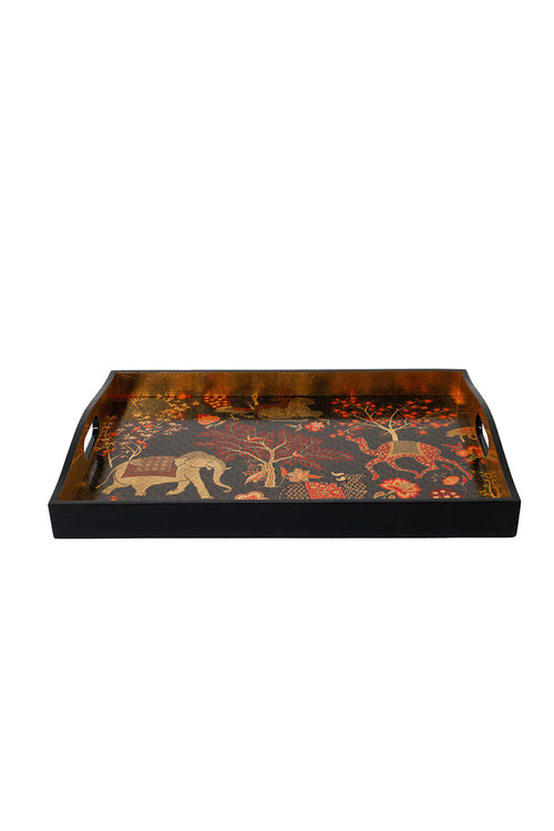 Garden Gate Lacquer Large Rectangle Tray in White & Gold