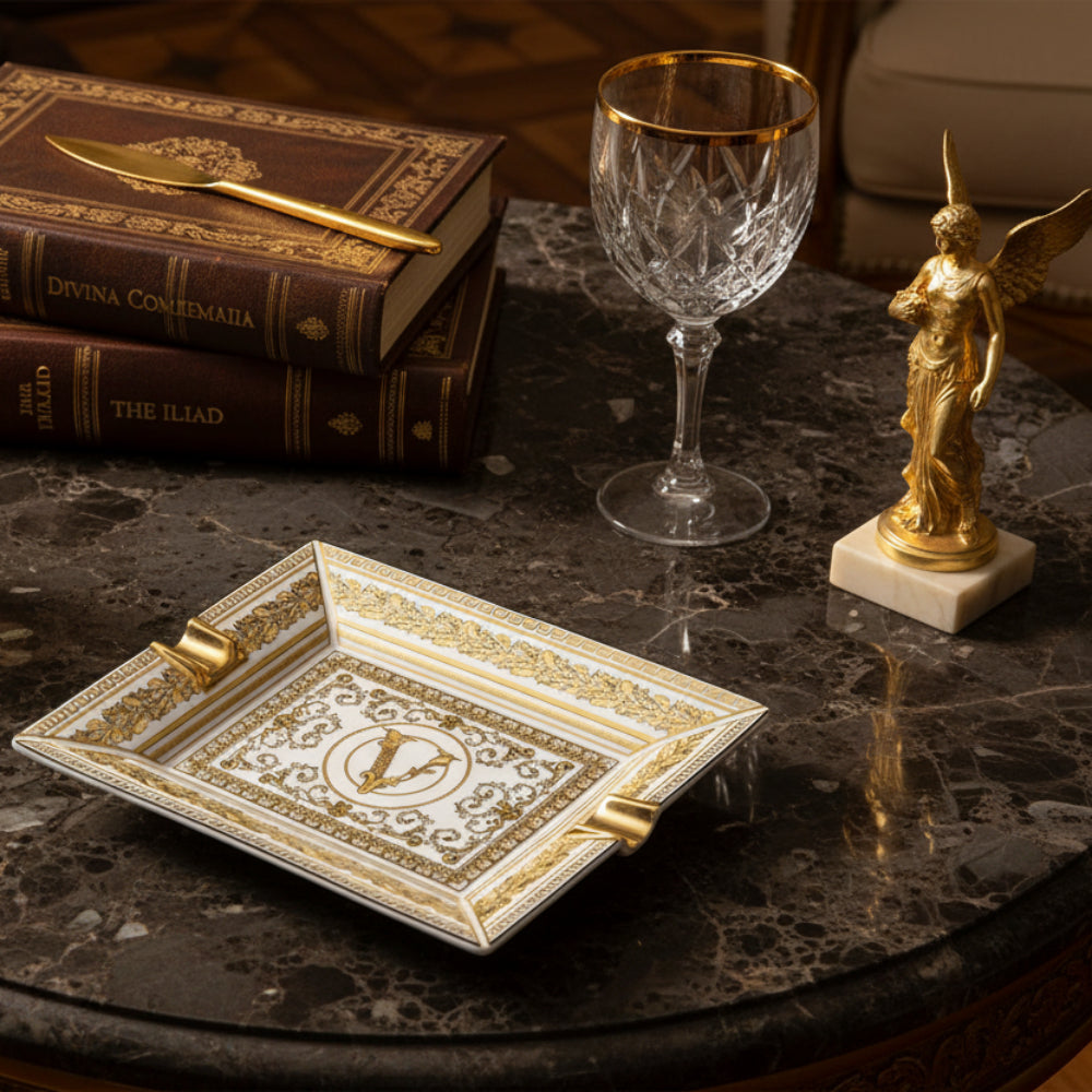 Virtus Gala Ashtray – White & Gold, 16 cm