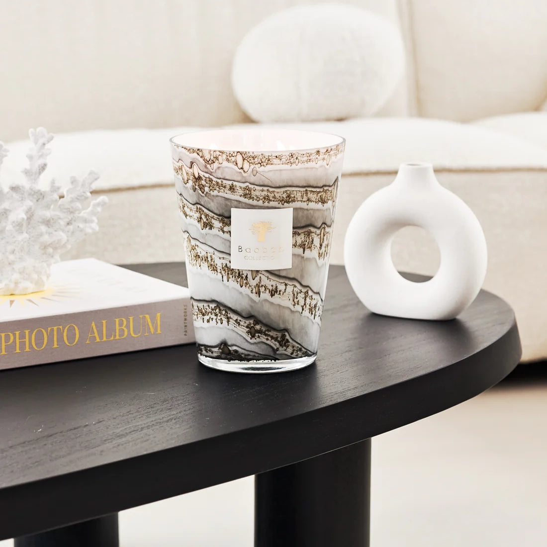 Baobab Collection Sand Atacama 4-wick scented candle in mouth-blown glass, 1.1kg, styled in a room setting (2)
