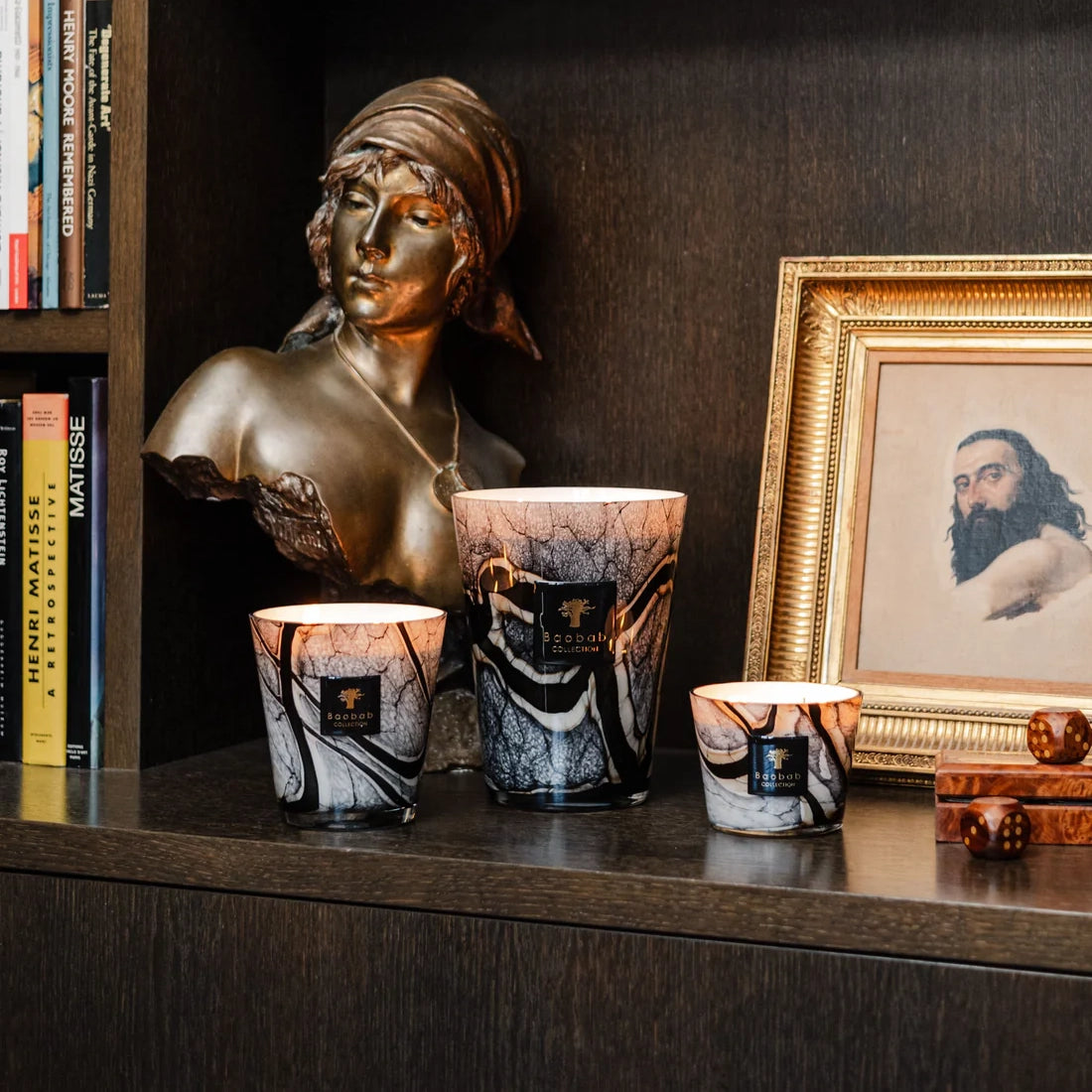 Baobab Collection Stones Marble 4-wick scented candle in mouth-blown glass, 1.1kg, styled in a room setting