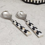 Be Home Finlay inlay salad serving set in stainless steel, styled in a room setting 2