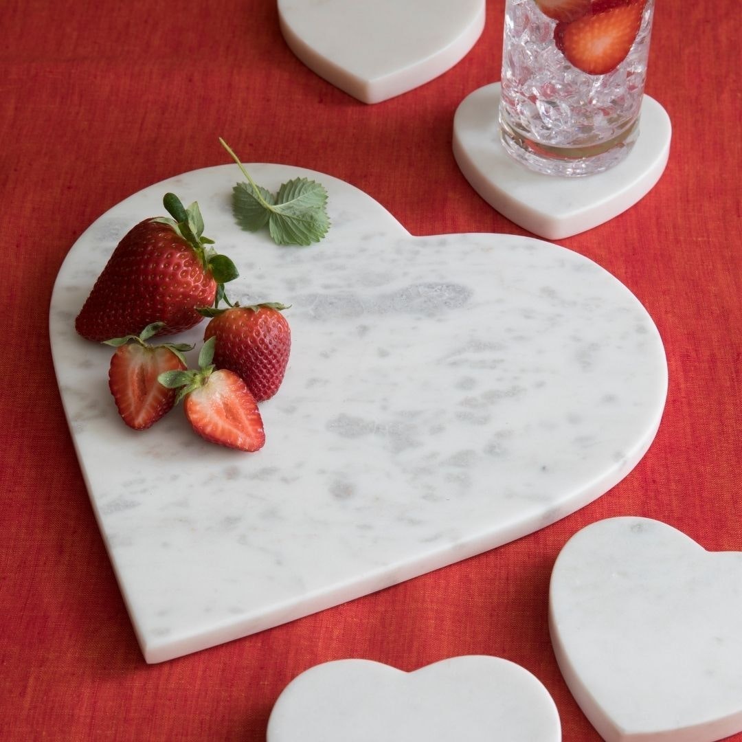 Be Home white marble heart serving board, 27x25cm, styled in a room setting