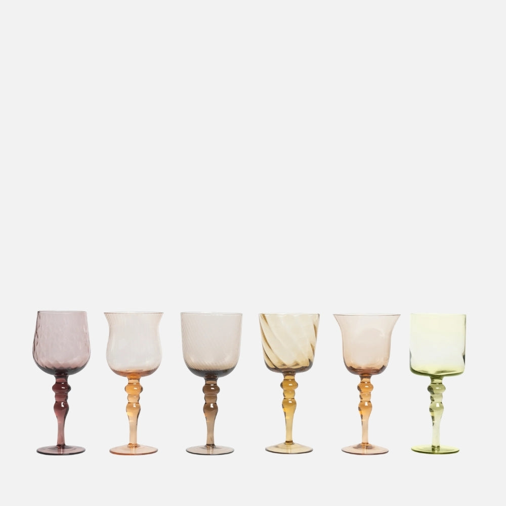 Bitossi Home Diseguale textured blown glass goblets in amber and pink, set of six, front view