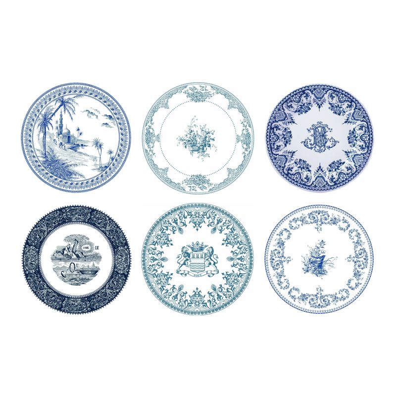 Blue Mismatched Set of 6 Assorted Dinner Plates (Ø 27.4 -28.5cm)