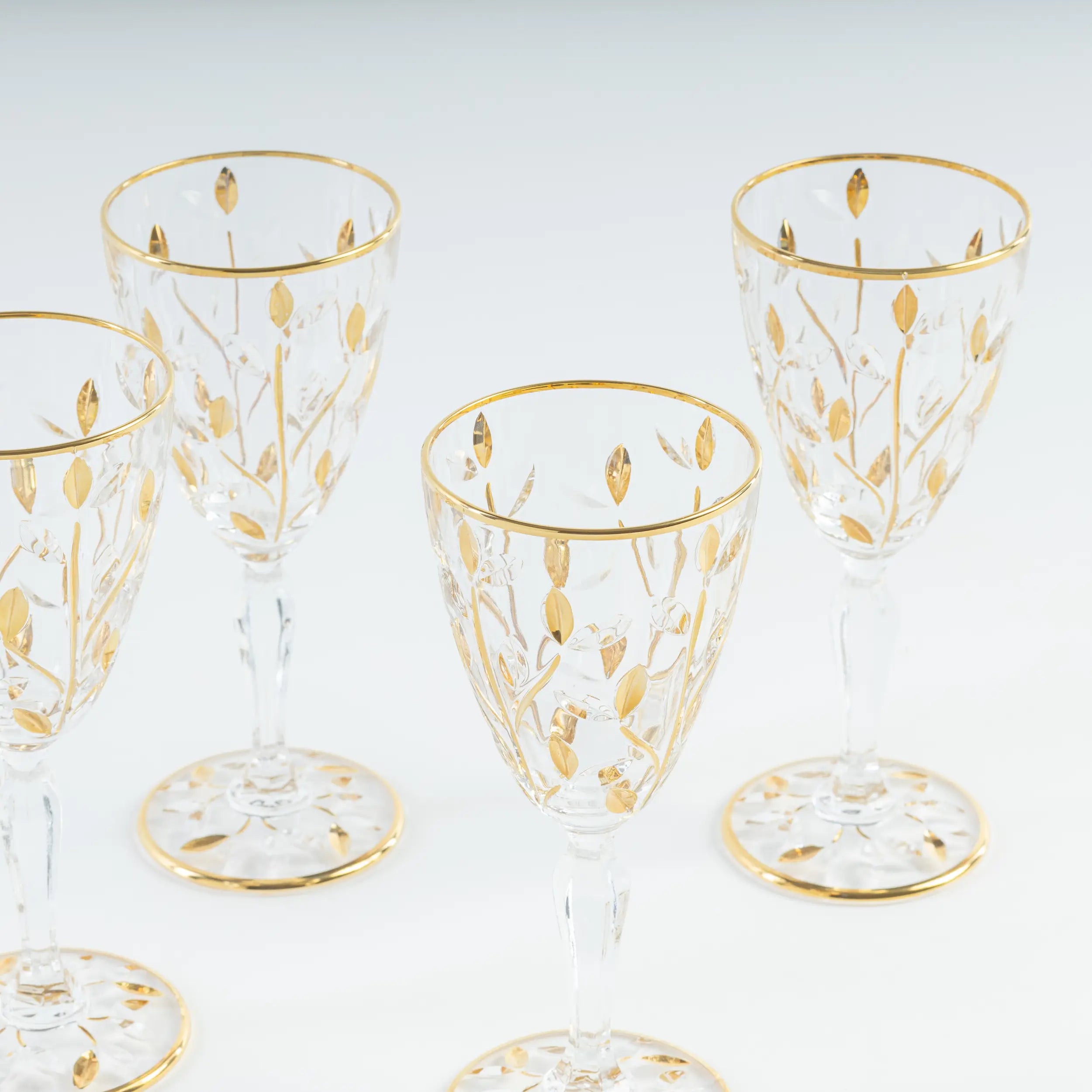 Gold Leaves Crystal Wine Glasses, Set of 4