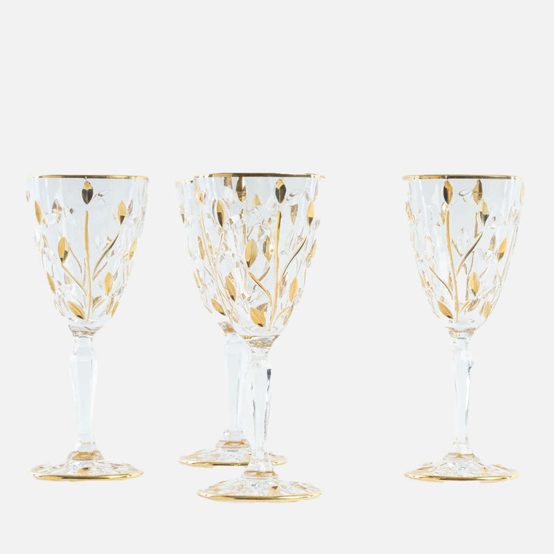 Gold Leaves Crystal Wine Glasses, Set of 4