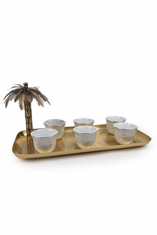 Palm Tray with 6 Nawarit Gahwa Cups, 36x16.5cm