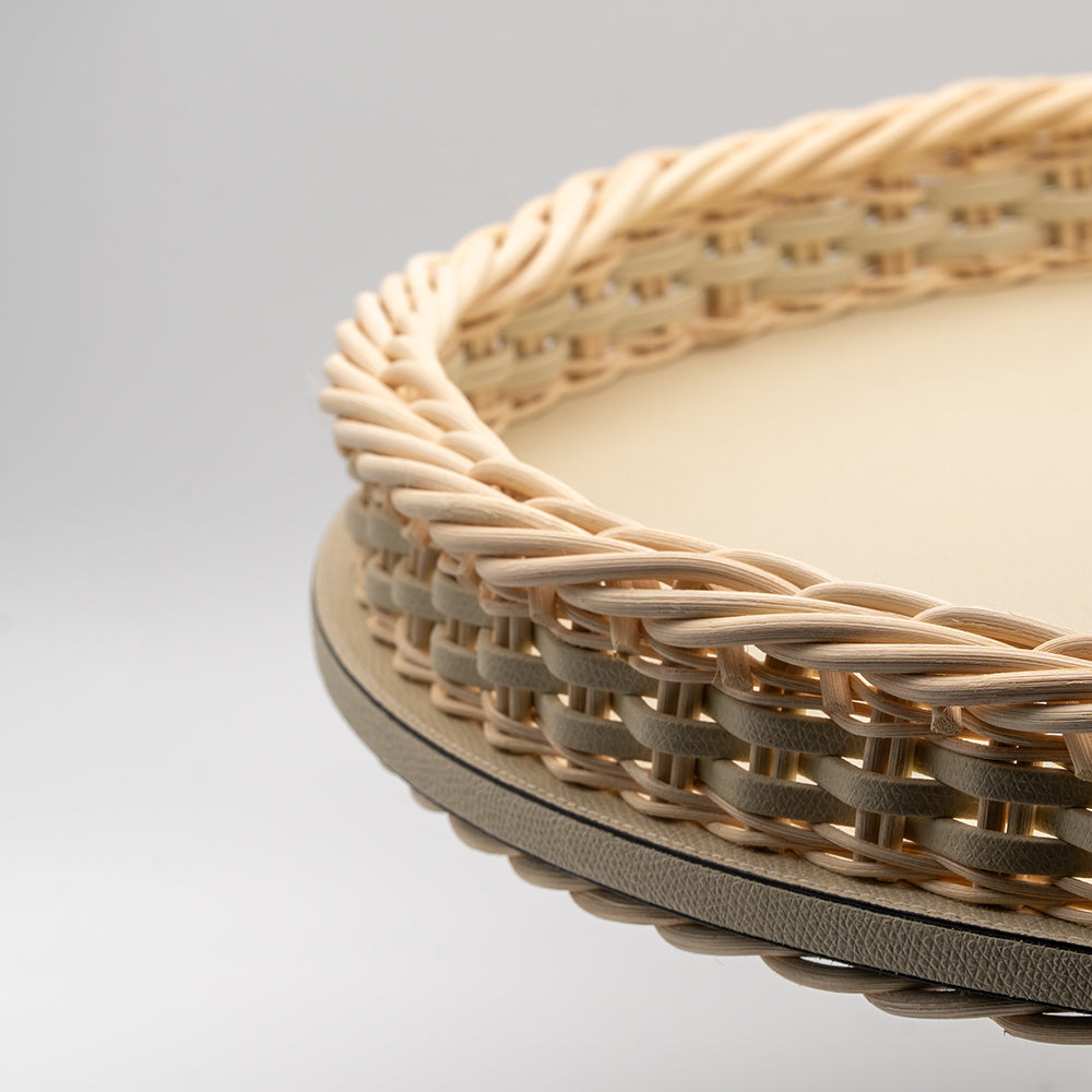 Orsay Leather & Rattan Round Tray, Ivory, 46.5cm