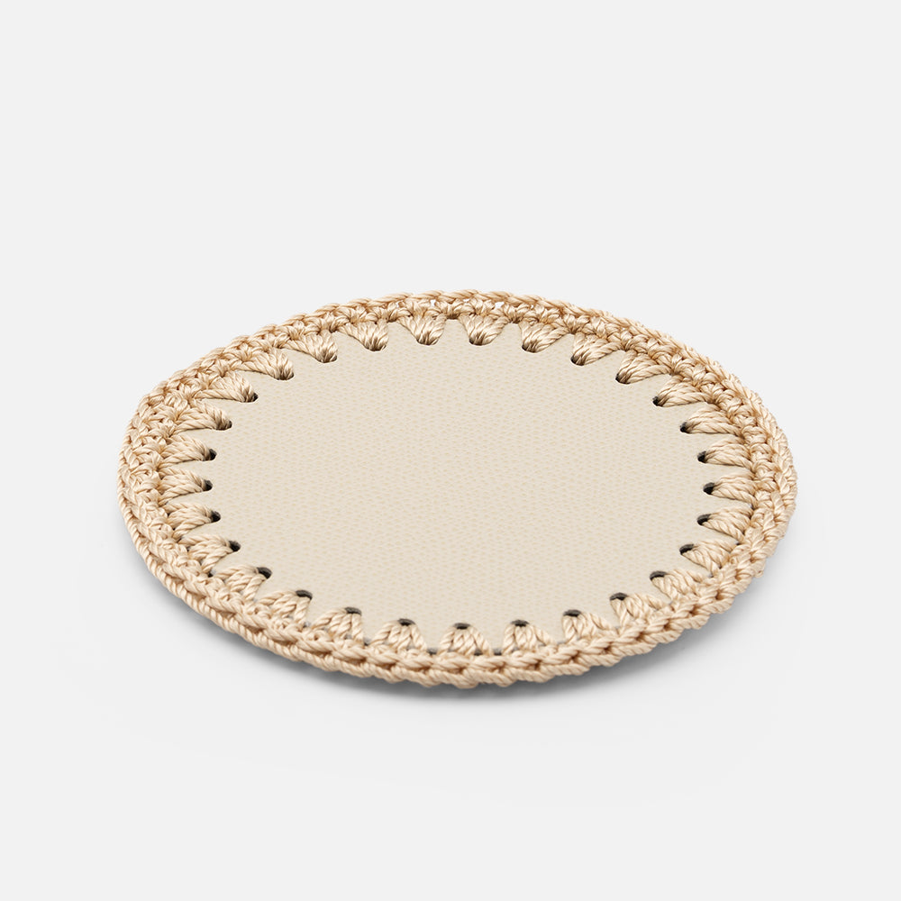 Rochelle Leather & Crochet Coaster, Ivory, Set of 6