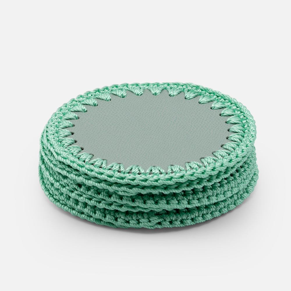 Rochelle Leather & Crochet Coaster, Mint, Set of 6