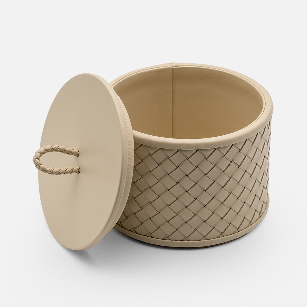 Jana Handwoven Leather Round Box, 12cm, Ivory