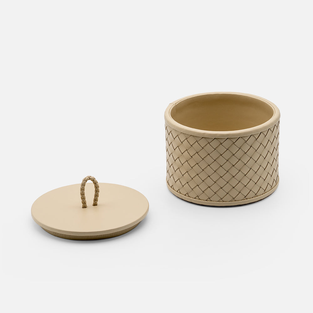 Jana Handwoven Leather Round Box, 12cm, Ivory