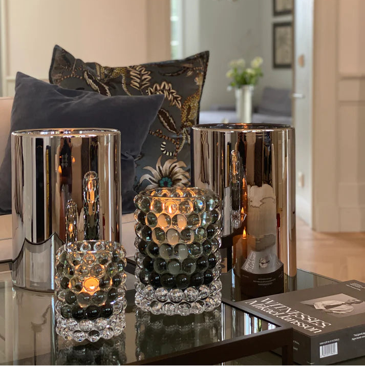 Skogsberg & Smart Silver Hurricane Lamp, Medium, styled in a room setting 3