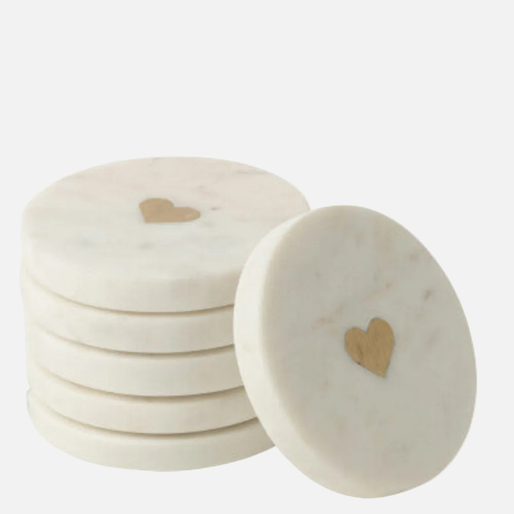 Set of 6 Heart Marble Coasters – White