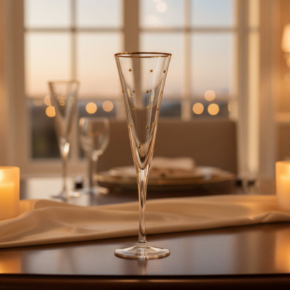 Gold Dotted Champagne Glass – Elegant Transparent Flute